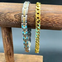 Two Men’s Bracelets, Gold Cuban & Silver and Gold Tone Bracelet 8 1/2” 9” Long