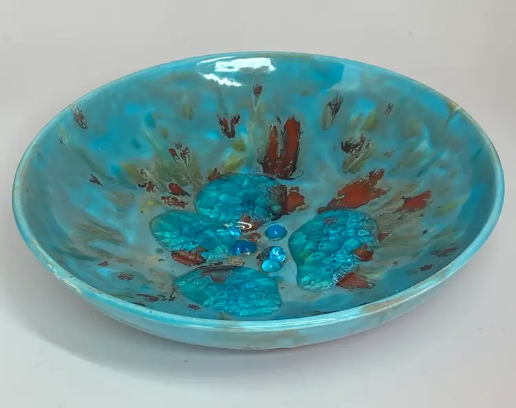 Blue Pottery Bowl w/ Crackle Glass Accents, Artist Signed by Jacram Aria, 7" Dia