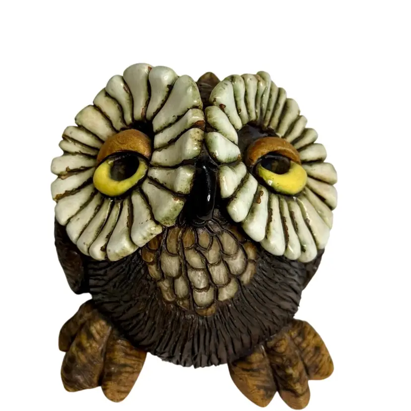 Pottery Owl Figurine Signed & Dated 1990
Brown•Orange•Yellow•Tan 
4-1/4” T x 4”L x 5” W