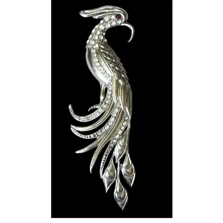 Huge Antique Art Deco Pot Metal & Rhinestone Bird Brooch
