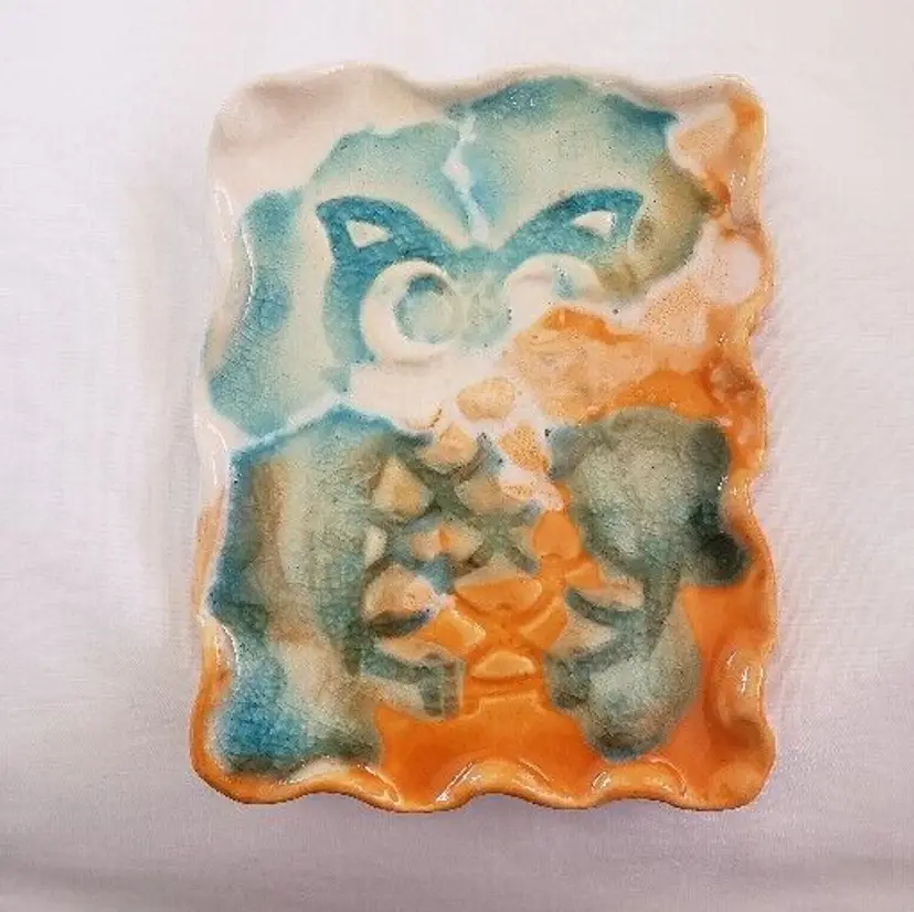 Studio Art Pottery Crackle Glass Owl Soap Sponge Trinket Dish 5 1/8" Long Signed