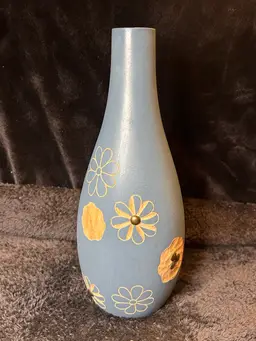 Blue Wood Vase W/ Carved Flowers Mango Wood Carving Handmade Thailand