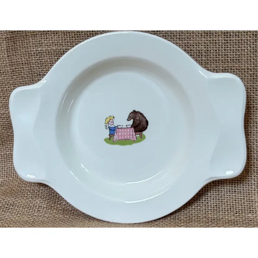 Vintage Goldilocks And Bear Ceramic Childs Plate Deep Dish w Handles Whimsical