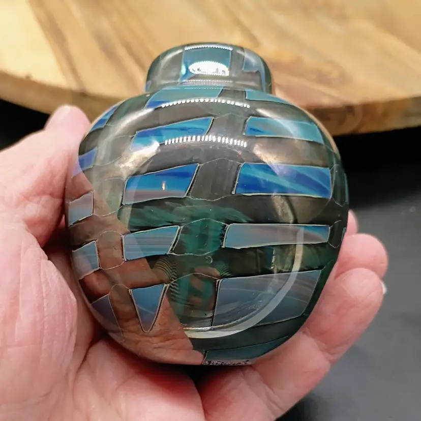 Vintage J Byron Signed Hand Blown Art Glass Vase Black Glass Dated 1977.