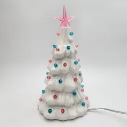 NIB Vintage Light Up Ceramic Christmas Tree White Pink Blue Bulbs Star Topper