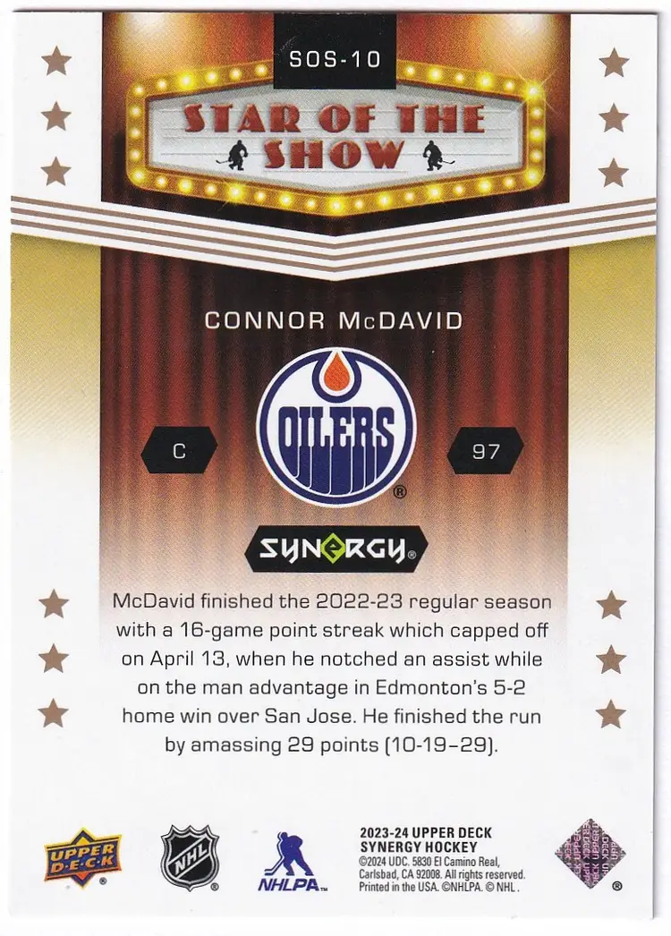 2023-24 Synergy Star Of The Show #SOS10 Connor McDavid Edmonton Oilers Hockey Card