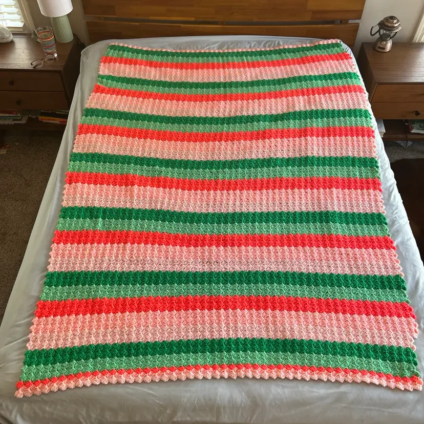 Vintage Handmade Crochet Afghan Blanket Throw 76x 48 Pink Green