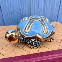 Artesania Rinconada DeRosa Blue & Gold Turtle Pottery Signed Figurine Uruguay
