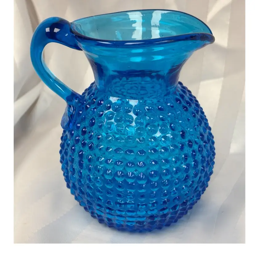 Vintage Blue Hobnail Creamer Pitcher w/ Handmade Handle, Handblown Cottage Decor