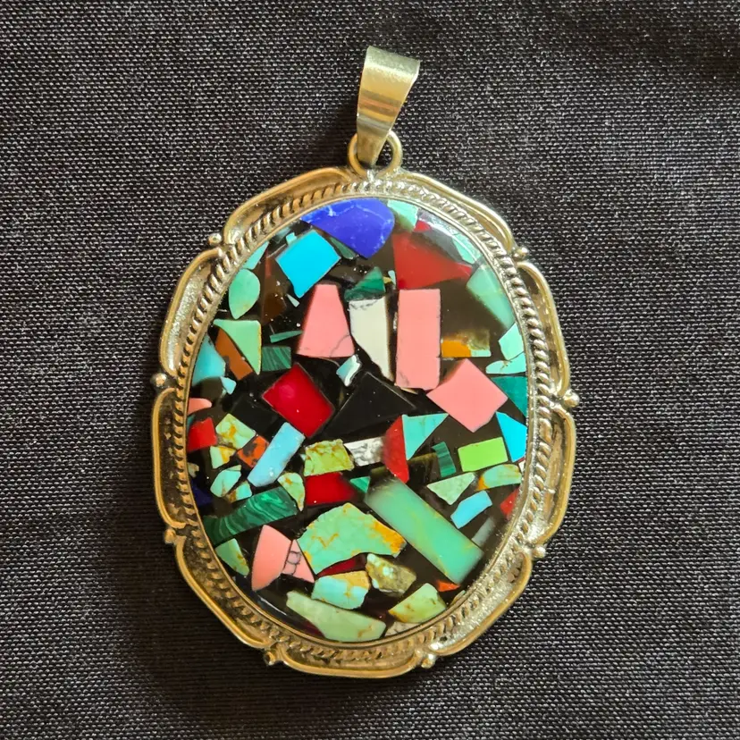 Pendant Multicolor Stone Mosaic Stain Glass Stye Stamped Mexico with name above Vintage