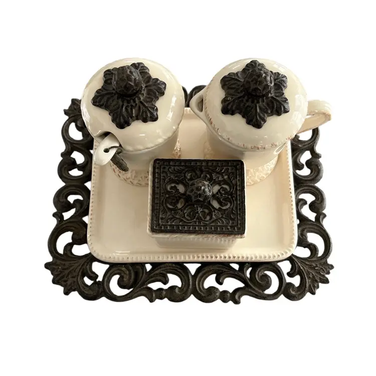 G.G. Collection Acanthus Leaf Ceramic Creamer and Sugar Set with Ornate Metal Tray