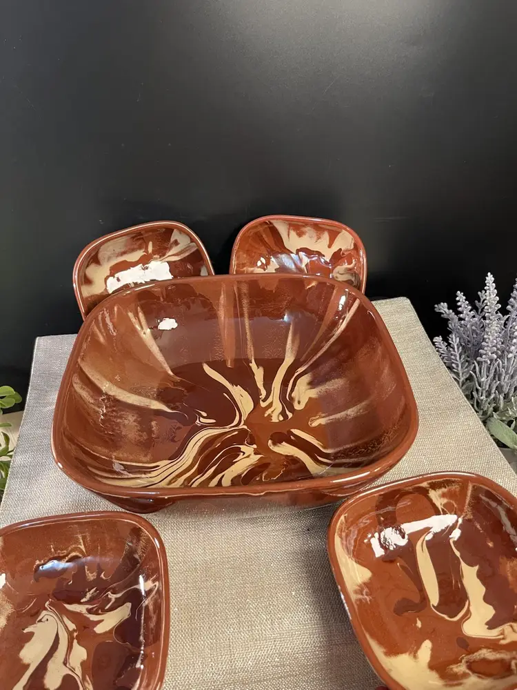 5 Piece "Clays in Calico" Serving bowl w/ 4 Small Bowls-Studio Pottery From Cardwell, MT