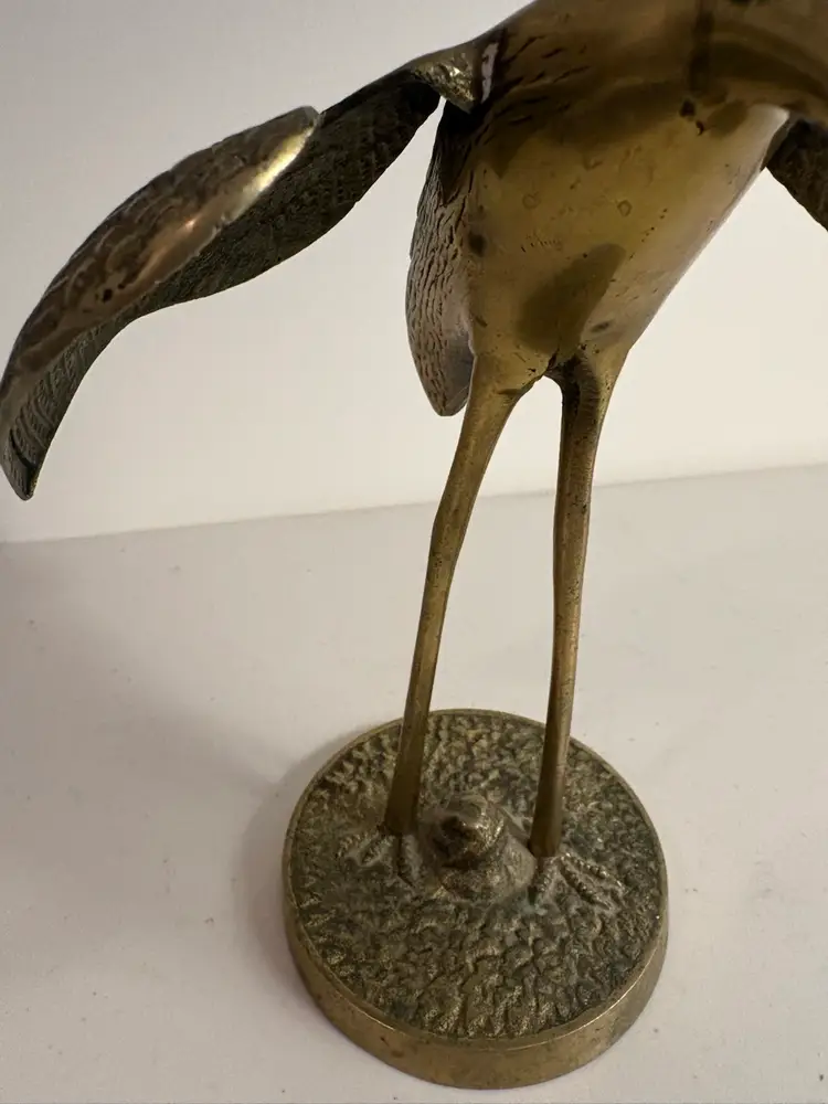 Vintage MCM Brass Crane Egret Heron Coastal Bird Statue Sculpture Natural Patina
