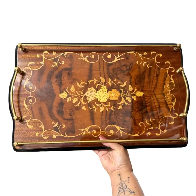 Mayflower Sorrento Vintage Italian Marquetry Burl Wood Inlay Tray Gold Gallery