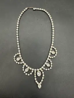 Vintage Rhinestone Leaf Drop Choker Style Necklace, Unmarked 16”