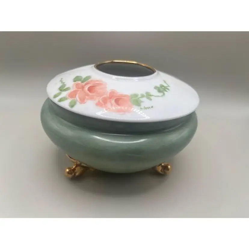#01 Vintage China Hair Receiver with Floral Lid ~ Green and Gold Accents ~ Footed Design ~ Hand painted ~ Signed Aileen ~ Size: 3.5 inches tall, 5 inches wide