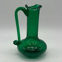 Green Crackle Glass Bud Vase Ruffled Rim w/ Applied Handle MCM | 4.5”