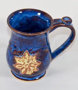Artisan Pottery Cobalt Blue Mug Applied Flower Leaf Signed 11oz