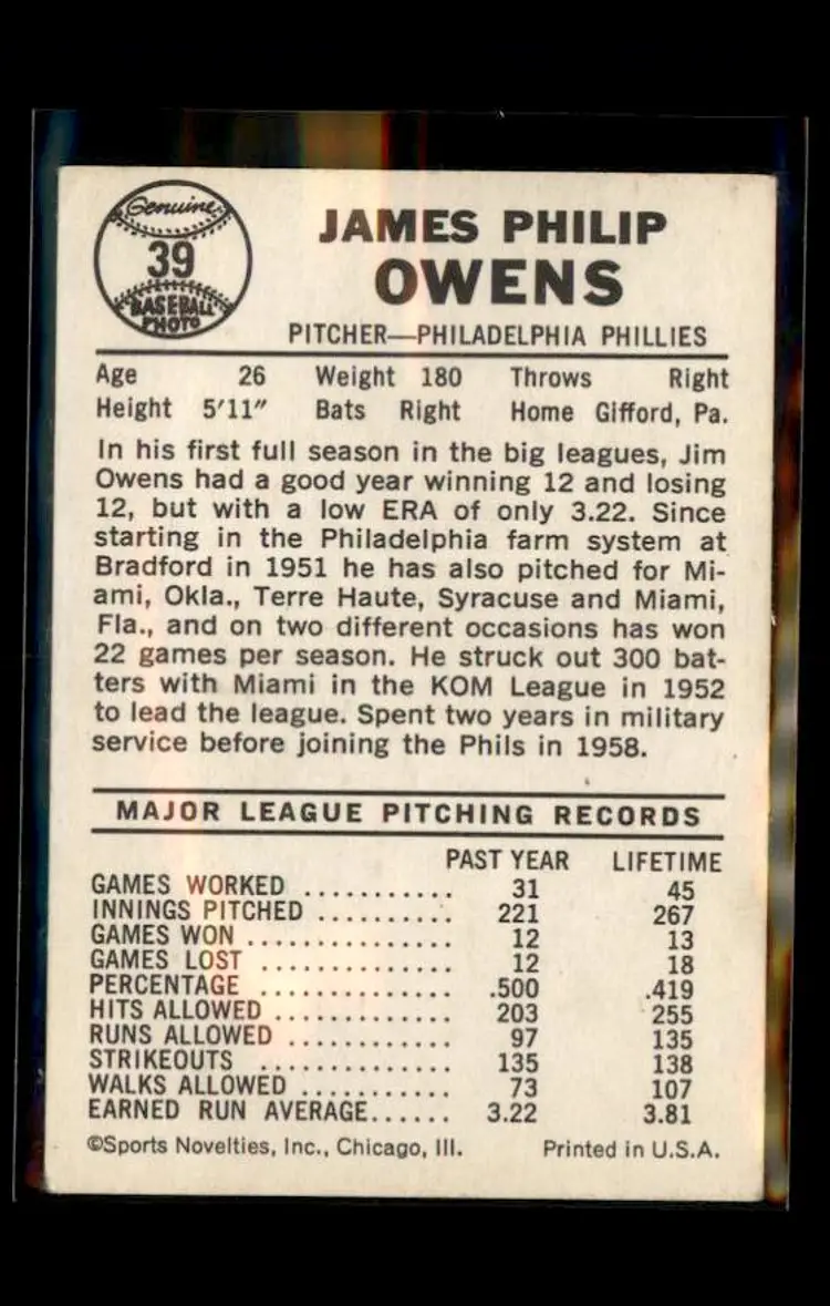 1960 Leaf #39 Jim Owens - (pk1) - Philadelphia Phillies