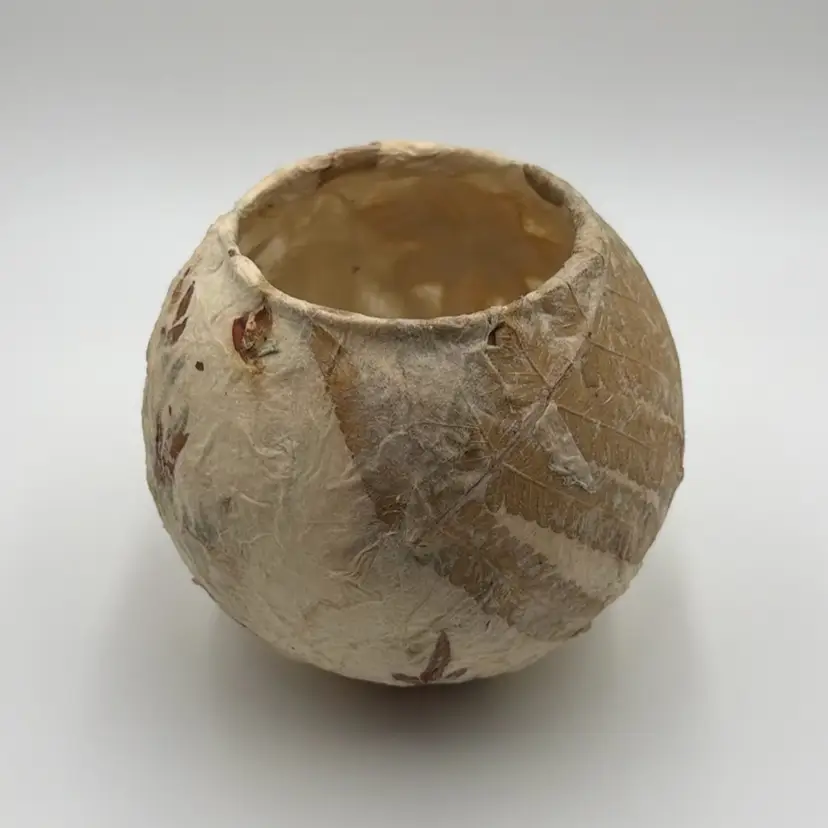 Hand-Made Paper Maché Glass Bowl with Leaves & Flowers