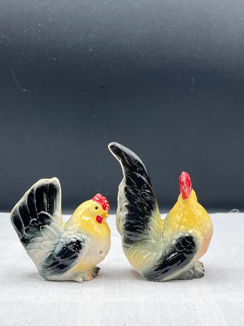 Vintage Yellow, Black, Yellow and White Rooster and Hen Salt & Pepper Set