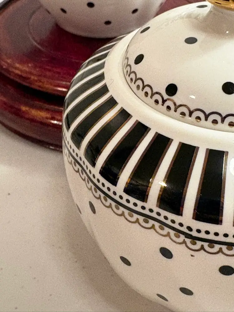 Grace’s Teaware Josephine Black Polka Dot Creamer Sugar Bowl w/Lid 50s Influence