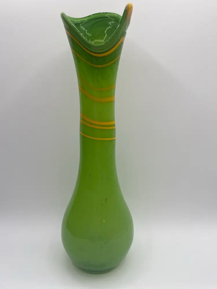 02. Tall Vintage Green Swung Vase W/ Yellow Swirl 14” Tall