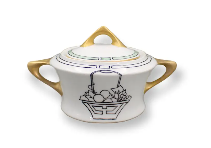 Art Deco Bavarian Sugar Bowl With Fruit Basket Design Green/Gold Trim Vintage