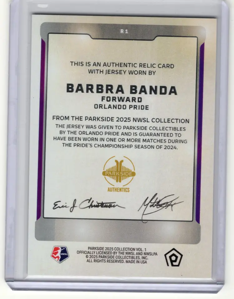 2025 Parkside NWSL Vol 1 Barbra Banda Game Worn Patch Relic