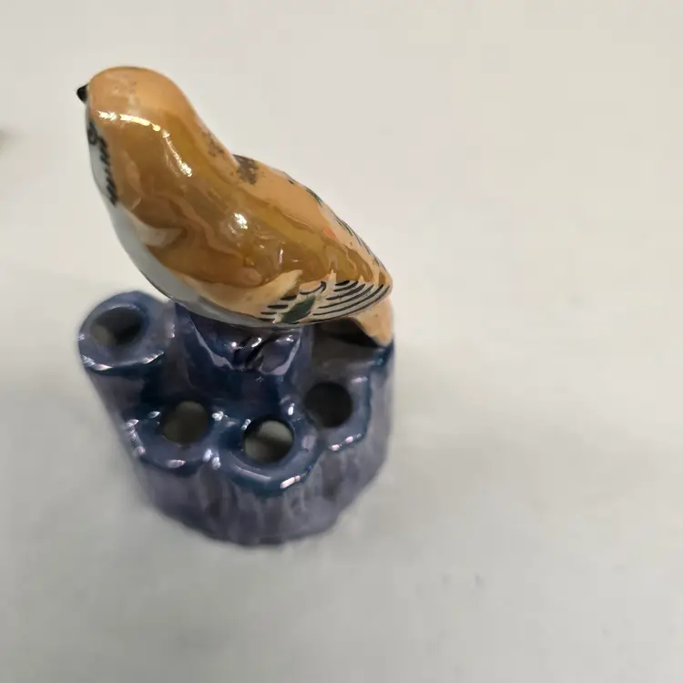 Vintage Lusterware Bird Flower Frog with Blue Base