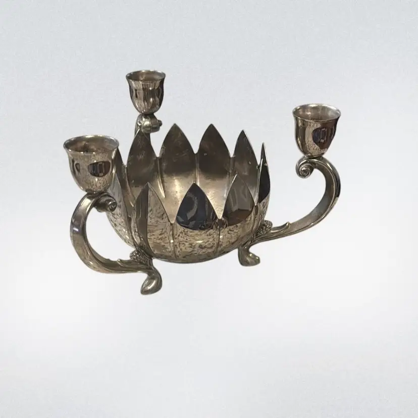 Metal Three-Armed Candelabra and Three-Footed Tulip Flower Bowl Vase