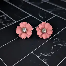 Vintage Stud Earrings Peachy Pink Flower with Gem Retro Floral