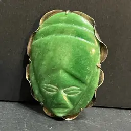 1940s Eisenberg Original Sterling & Calcite (Mexican Jade) Mexico Carved Face Brooch, Handmade, Signed ~2.5” x 2”