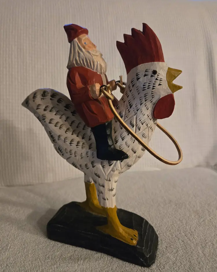 Hand Carved Wooden Santa Claus Riding A Rooster