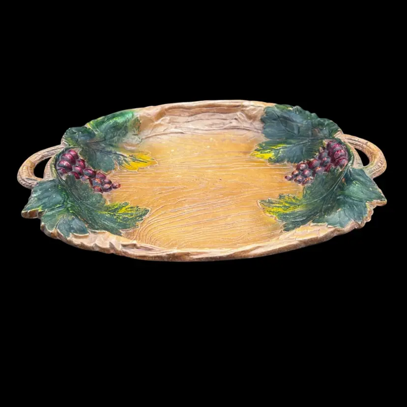 #423B Vintage 1958 Multi. Prod. Inc
Faux Wood Grape & Vine Leaves Serving Tray With Handles
