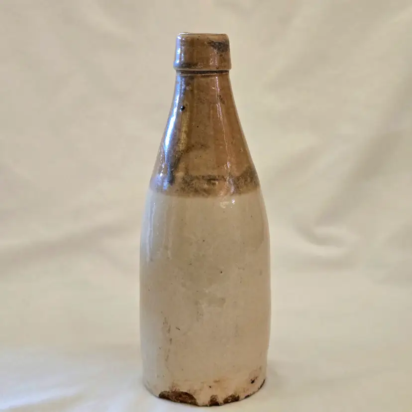 Stoneware Ginger Beer Bottle Ceramic Glazed Brown & Cream Color Antique with Condition Issues