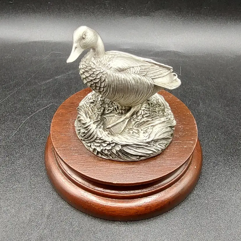 Vtg Chilmark Pewter Mallard(Drake) Duck On Wooden Base Signed