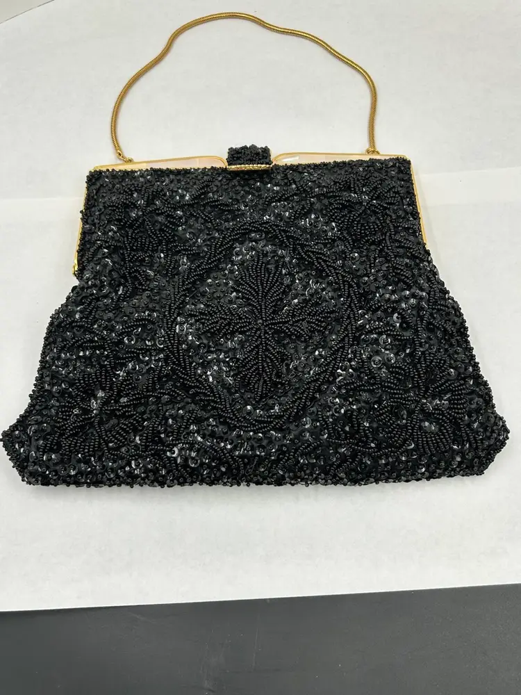 Vintage Vivant By Sarne Black Beaded & Mother Of Pearl Purse Italian Beads, Hong Kong