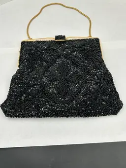 Vintage Vivant By Sarne Black Beaded & Mother Of Pearl Purse Italian Beads, Hong Kong