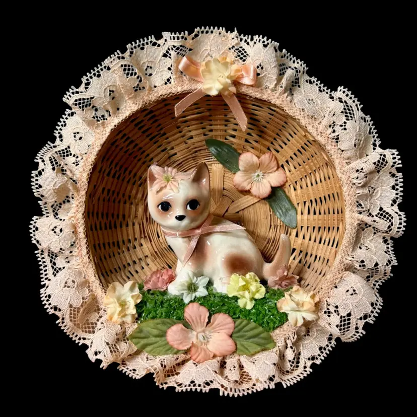 Vintage Ceramic Cat Figurine in a Basket Wall Decor, Grannycore