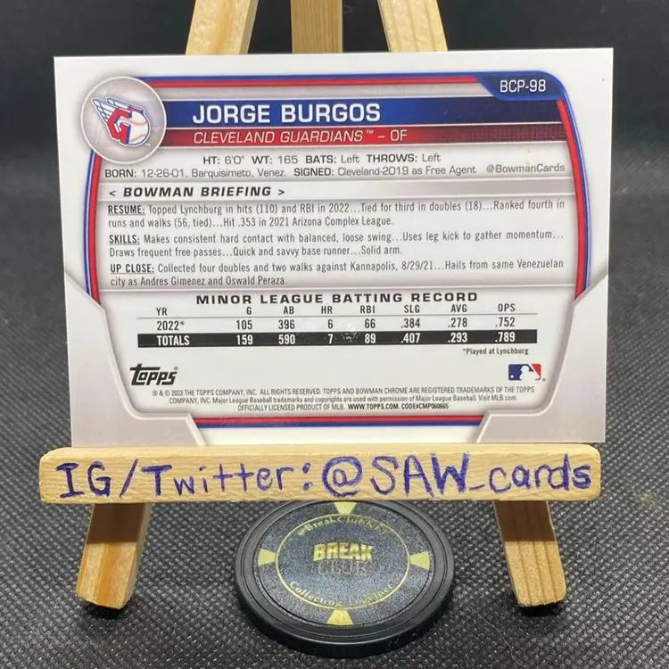 Jorge Burgos 2023 Bowman Chrome /99 Cleveland Guardians