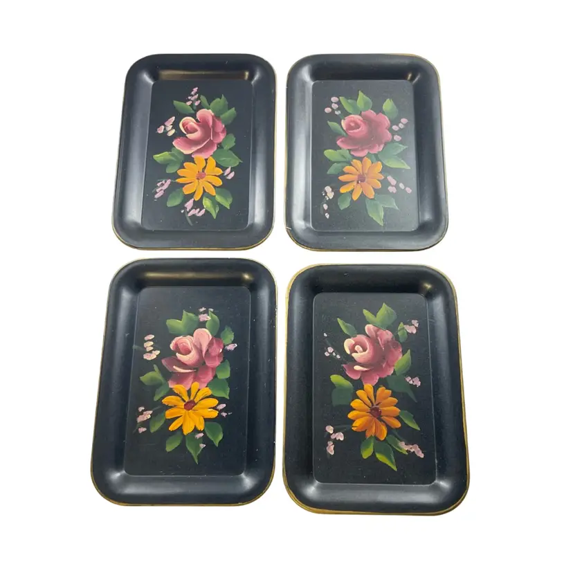 Hand Painted Snack Tray Metal Flower Motif 4pc Set