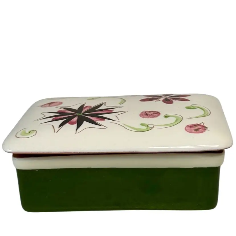 STANGL Pottery Trinket Dish or Cigarette Box with Lid  MCM Green Base Pink Floral Lid  
4-3/4” L x 3-3/4” W x 2” T