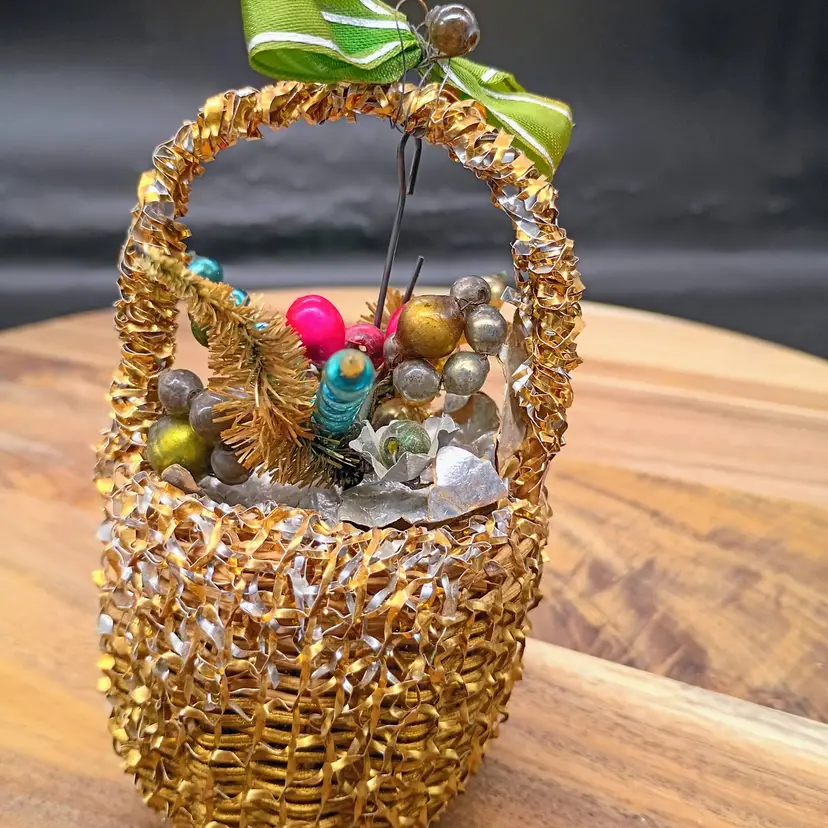Vintage Japan Crinkle Aluminum Basket of Beaded Flowers Chenile Stems Ornament.
