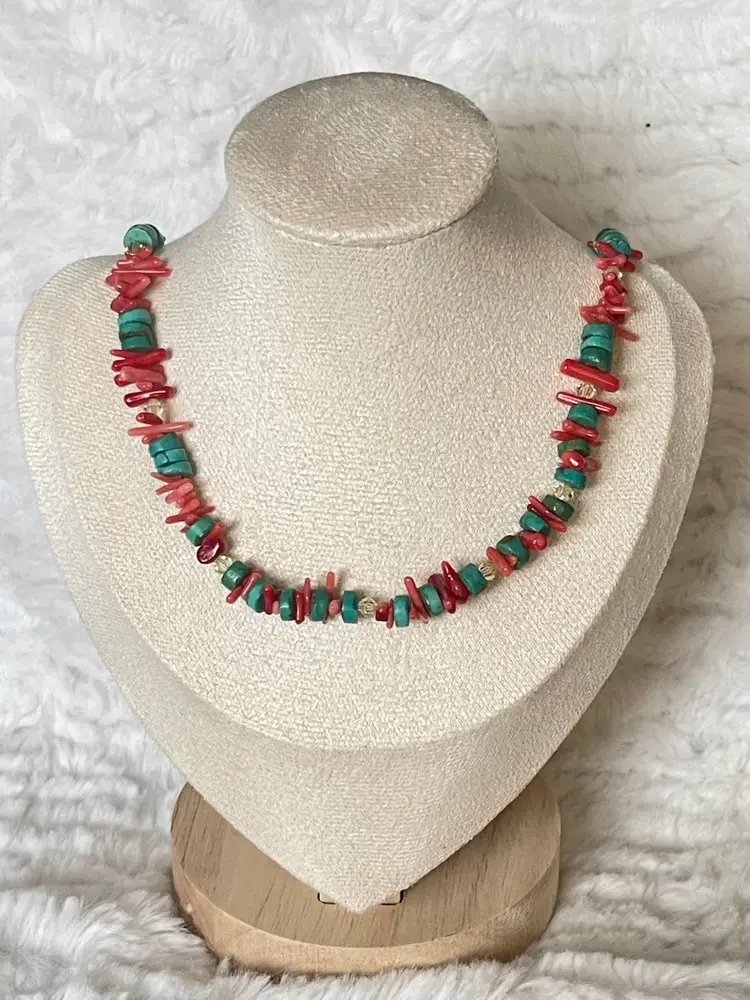 Handmade turquoise and coral chip necklace