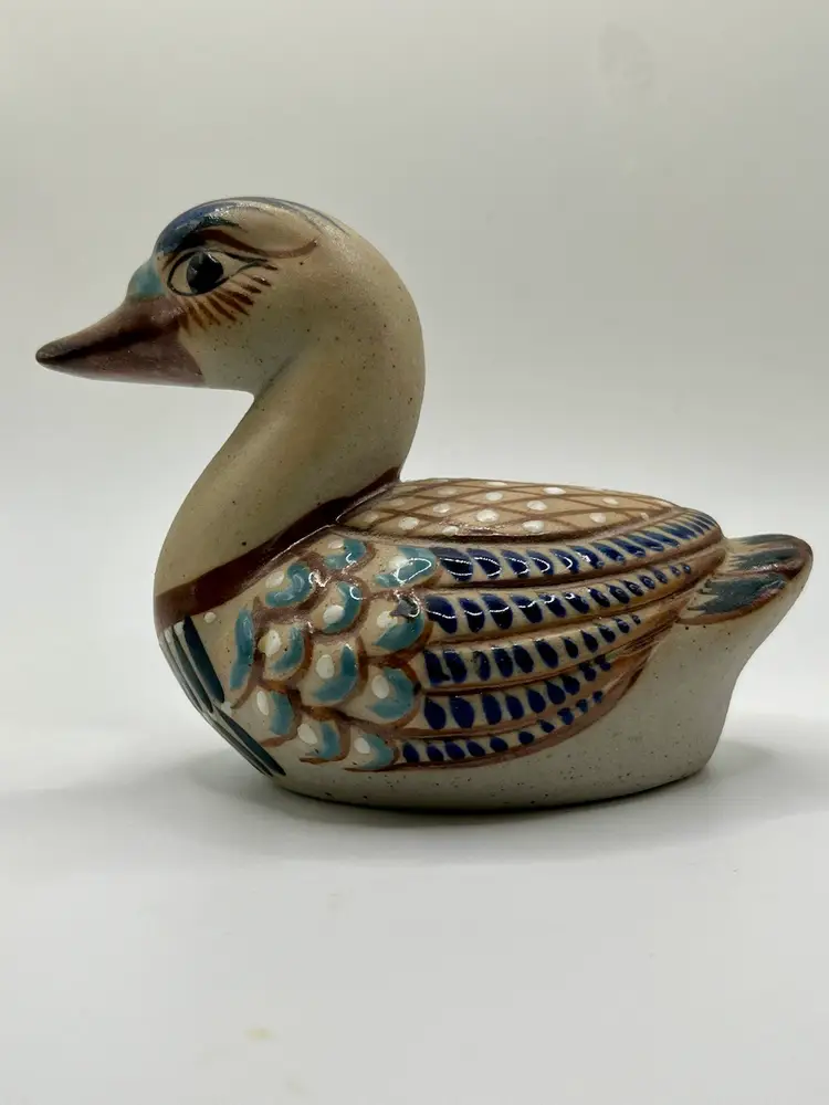 Vintage Signed Tonala Mexican Folk Art Pottery Hand Painted Duck Figure 4 X 4”