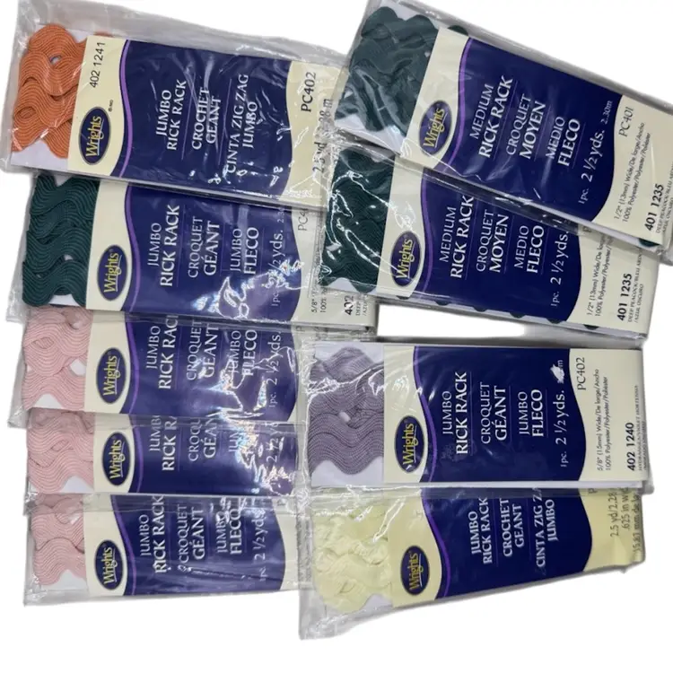 Wrights Rick Rack Lot. 2 Medium Size and 7 Jumbo Size Rick Rack NOS packages.