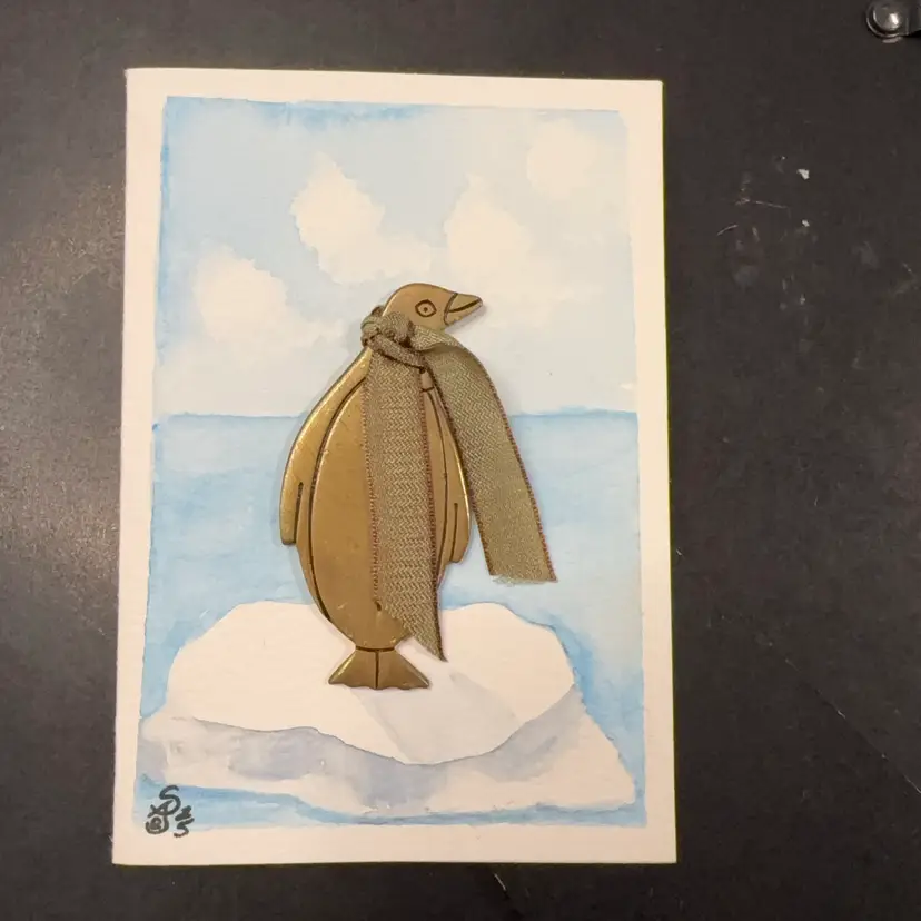 Original Watercolor Card With Vintage Brooch. Comes With Tissue And Box 5” X 3.5” Blank Inside