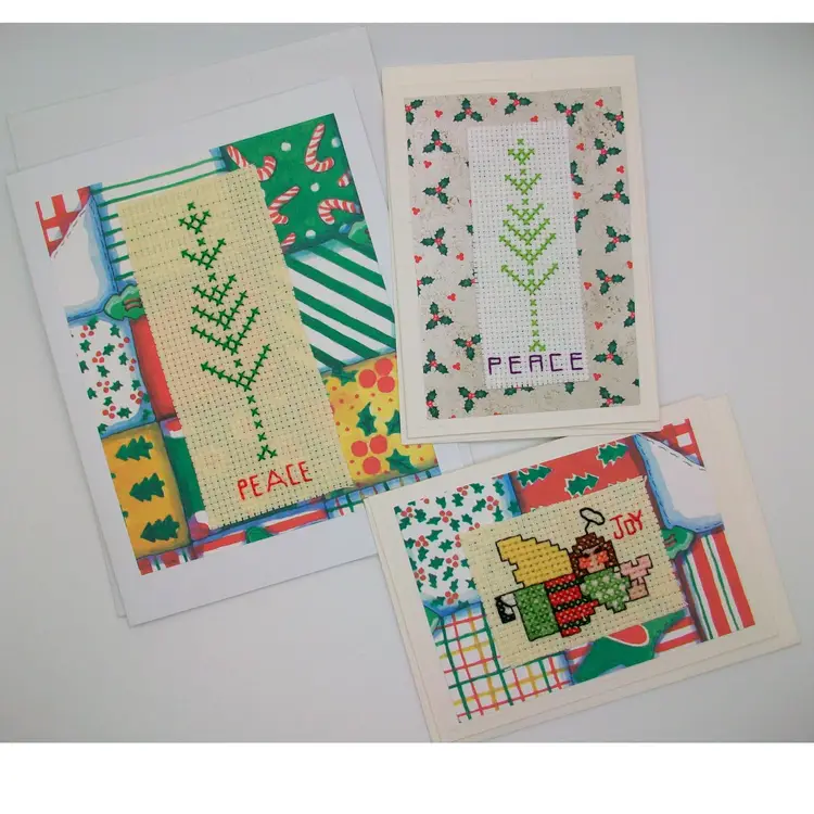 Cross Stitch Christmas Holiday Blank Greeting Cards Tree of Peace and Angel of Joy