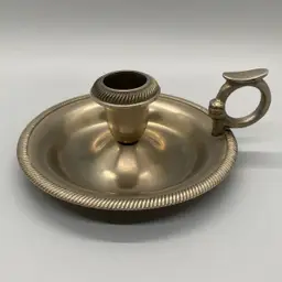 Vintage Pewter Colonial Chamberstick Candle Holder with Finger Loop